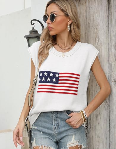 shermie Women's Cap Sleeve Crew Neck Knit Top Summer Lightweight American Flag Sweater Vest2