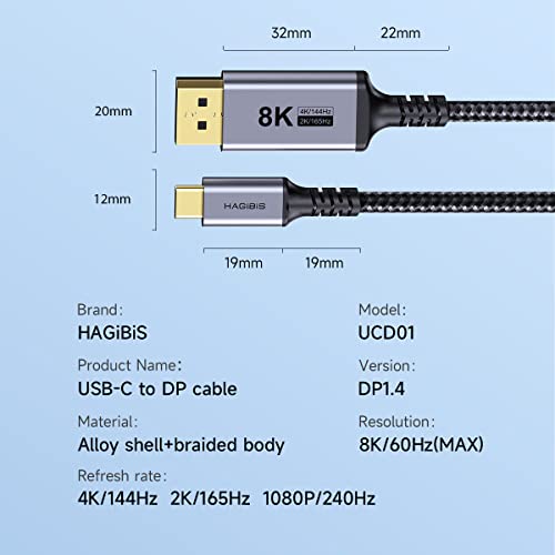 Hagibis Usb C To Displayport 1.4 Cable [8K@60Hz, 4K@144Hz, 2K@165Hz], Bidirectional Thunderbolt 3/4 Usb4 To Dp 32.4Gbps Hbr3 Alt Mode Adapter For Macbook Pro Air Imac Xps (6.6Ft) #TOP6