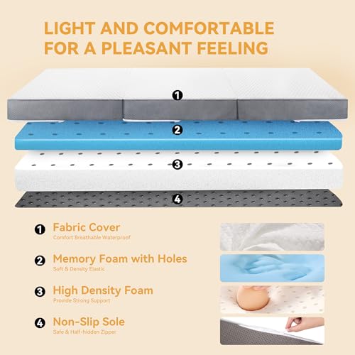 Foldable Mattress with Washable Cover, Trifold Mattress for Floor Travel with Carry Bag, Medium Firm, Soft, Portable for Overnight Guests and Camping, (75”x25”x4” Single) - Thumbnail 5