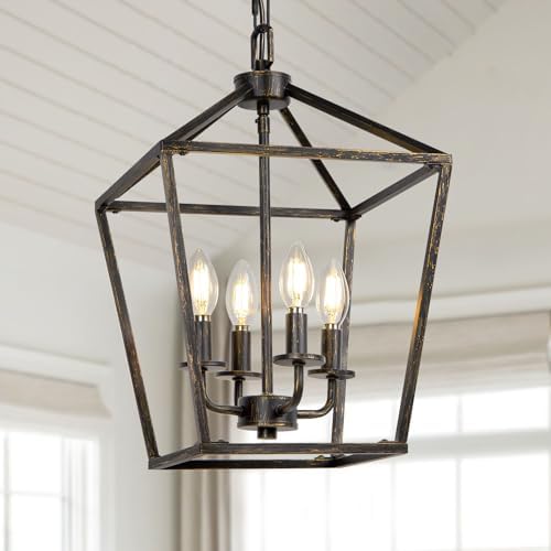 4 Light Chandelier, Black Metal Lantern Pendant Light with Brushe...