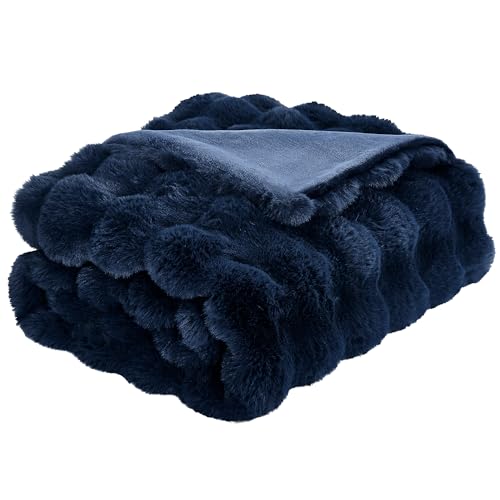 JONIYEAR Super Large Soft Fuzzy Bubble Faux Rabbit Fur Bed Blanket Queen Size 80" x 90",Decorative Big Thick Warm Fluffy Blanket for Winter,Luxury Cute Cozy Plush Shaggy Comfy Furry Blankets,Navy Blue