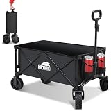 Eurmax USA Collapsible Outdoor Folding Wagon Cart All-Terrain Utility Wagon Heavy Duty Camping Patio Shopping Garden Sporting Wagon Cart with Side Bag & Cup Holder