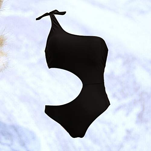 Maiô de uma peça de ombro só, traje de banho feminino sexy recortado, monoquíni liso (preto/G)