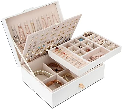 Jewellery Box Organiser for Necklace Earrings Bracelets Rings, Large PU Leather Jewelry Storage Case with 3 Stackable Layer, Jewellery Boxes Holder for Women Girls