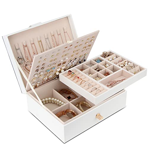 Schmuckkästchen, Kleine Reise Schmuckkoffer Aufbewahrung Schmuck Organizer für Ringe Ohrringe Halskette Armbänder Mädchen Damen Premium Kunstleder Weiß