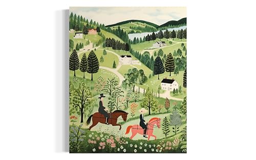 Horseback Riding Unframed Wall Art Poster Print, Scenery Landscape American Folk Art, Naive Painting Decor Gallery 31 (Horseback Riding, 20" L x 16" W, Unframed)
