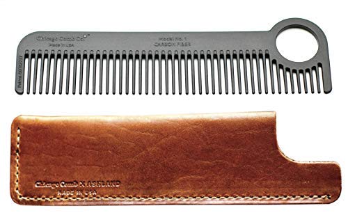 Chicago Comb Model 1 Carbon Fiber Comb + English Tan Horween Leather Sheath, Made In Usa, Ultimate Pocket And Travel Comb, Smooth Strong & Light, Anti-Static, Premium American Leather Sheath #TOP6
