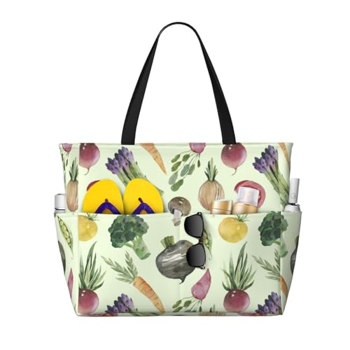 Asparagus Print Vegetable Large Beach Bag Waterproof Sandproof Swim Tote Pool Bag For Women With Zipper