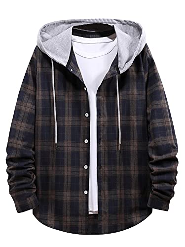 Soly Hux Men's Plaid Long Sleeve Button Down Drawstring Hoodie Jacket Multicoloured L #TOP18