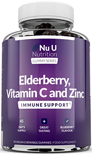 Nu U Nutrition Elderberry Gummies for Adults & Kids - 90 Gummies with Sambucus Black Elderberry, Vitamin C & Zinc - Immune System Booster - Blueberry Flavour - Vegan & Vegetarian