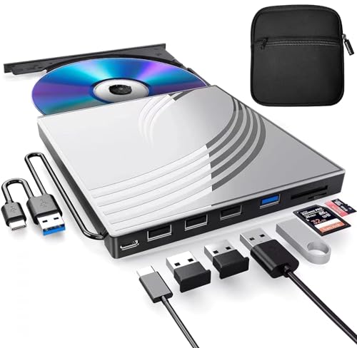 External CD/DVD Drive for Laptop with Carrying Case,DVD Player for Laptop,Portable CD Burner with 4 USB Ports, 2 TF/SD Card Slots,CD Disk Drive Player Reader Write