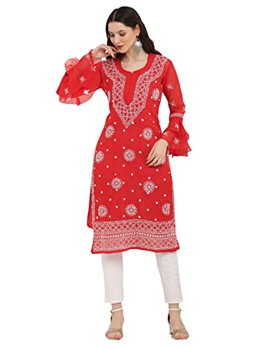 Image of FAWOMENT Women's Designer Georgette Straight Kurta with Hand Crafted Lucknowi Chikankari Embroiderey Emblemished Moti Work Along
