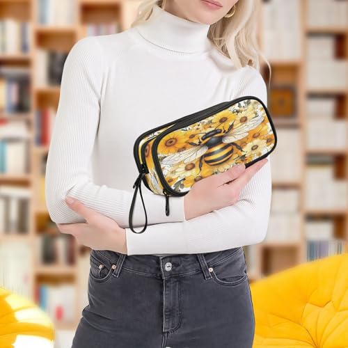 Image of ALAZA Yellow Daisy Bee Bumblebees Pencil Case for Boys Girls Kids Pencil Pouch 3 Compartment Pen Bag Large Capacity Storage Pencil Holder School Students with Zipper