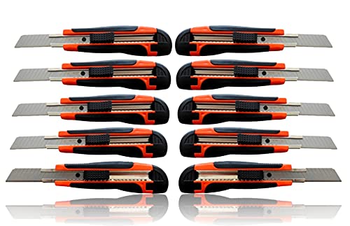 10er Set Cuttermesser 18mm Klingenbreite | scharfe Cuttermesserklingen | Teppichmesser für Heimwerker | Paketmesser | Allzweckmesser mit Klingenfixierung | Profi Kartonmesser [ergonomischer Griff] Cover