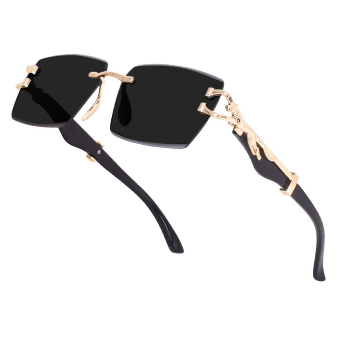 kopek Luxury Rimless Sunglasses with Panther Temple Design, Gold and Black - UV400 Protection, Fashionable Eyewear for Men and Women-picture-27