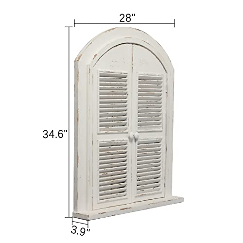 Farmhouse Arched Window Mirror With Shutters 35" X 28", Hanging Distressed White Rustic Window Shutters Decorative Mirrors For Wall Decor Living Room, Wood Vintage Wall-Mounted Mirrors For Bedroom #TOP1