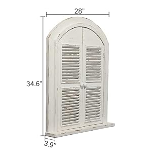 Farmhouse Arched Window Mirror with Shutters 35 x 28 inches Hanging Distressed White Rustic Decorative Window Shutters Mirrors for Wall Decor Living Room Wooden Wall Mounted Mirrors