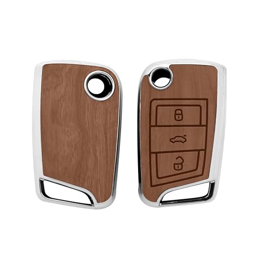 Image of Keyzone Woodgrain TPU Key Cover & Keychain for Volkswagen Virtus, Tiguan, T-Roc, Taigun, Jetta, Skoda Octavia, Karoq, Superb, Kodiaq, Slavia Flip Key (Walnut Brown)