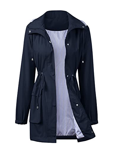 Avoogue Womens Raincoat Lightweight Rain Jacket Waterproof Hood Durable Windbreaker Jacket Long Trench Coat Navy Blue L #TOP19