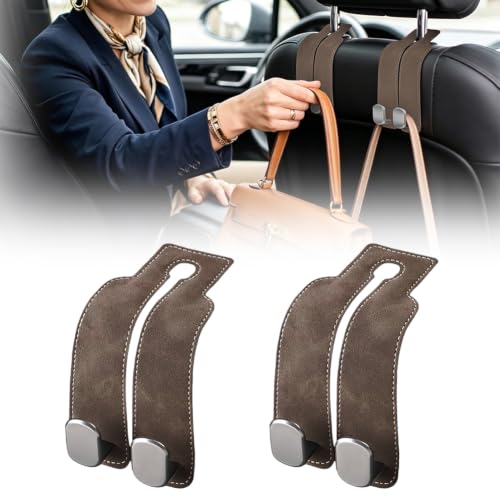 Image of Car Seat Back Organizer, Twinhook Leather Car Headrest Organizer (2, Brown) | Heavy Duty Car Seat Holder for Purses and Bags, Car Purse Hanger with Dual Hooks for Travel