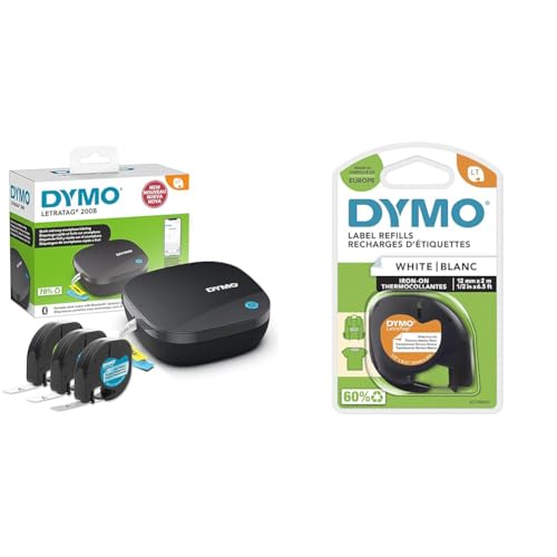 DYMO LetraTag 200B-Beschriftungsgerät mit Bluetooth & Original LetraTag Bügeletiketten | schwarz auf weiß | 12 mm x 2 m | Stoffetikettenband für LetraTag-Beschriftungsgerät