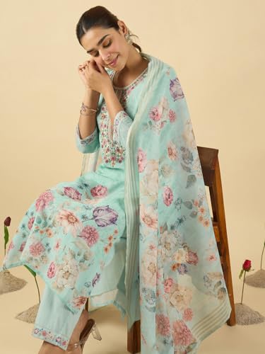 Image of INDO ERA Women's Straight Linen Floral Embroidered Kurta & Pant With Dupatta Set (IESTR10644)