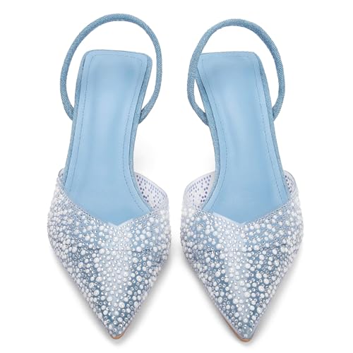 Image of YIYA Women's Clear Slingback Heels with Pearl Studded Pointed Toe Kitten Mid Heels Sparkly Rhinestone Slip On Wedding Party Shoes