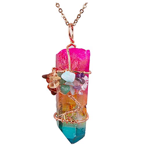 Bivei Tree of Life 7 Chakra Gemstone Copper Wire Wrap Irregular Clear Quartz Point Crystal Pendant Necklace(Rose Gold Plated Chakra-Titanium Coated Multi Color)