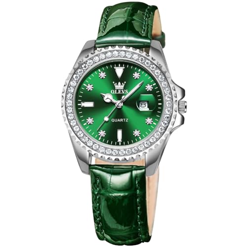 OLEVS Green Leather Womens Watches Diamond Fashion Dress Female Watches Analog Quartz Date Luminous Gift Watch for Ladies