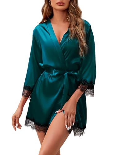 Image of Women's Silk Robe Short Sexy Lace Bride Party Satin Bathrobe Kimono Sleepwear