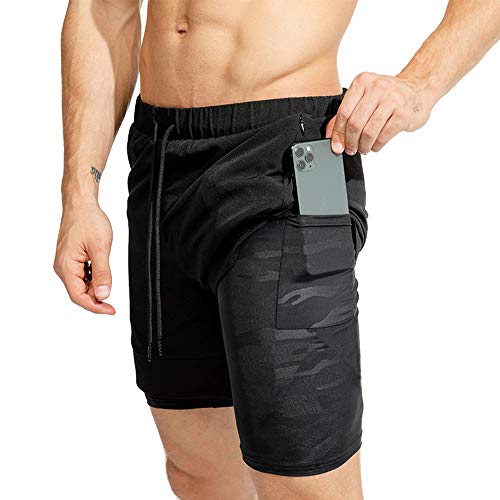 Fansu Hommes 2 en 1 Compression Shorts, Respirant Séchage Rapide Léger Stretch Short de Sport avec Zippées Poches,Pantalon Court,Été Running Fitness Leggings de Sport (Noir,L) Cover