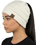 Funky Junque Ponytail Beanie for Women – Ponyback Winter Hat with Soft Stretch Cable Knit Design, High Pony Messy Bun Hats for Running and Cold Weather Activities - Ivory
