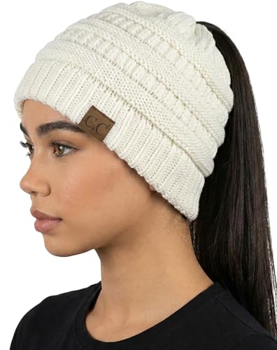 Funky Junque Ponytail Beanie for Women – Ponyback Winter Hat with Soft Stretch Cable Knit Design, High Pony Messy Bun Hats for Running and Cold Weather Activities - Ivory