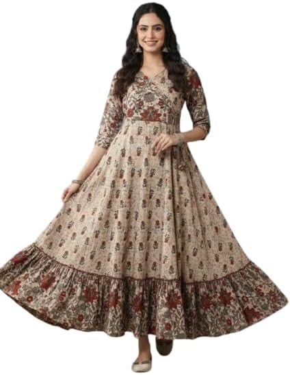 Women’s Rayon Anarkali Kurti – Beige Floral Printed Long Flared Kurta with 3/4 Sleeves & V-Neck Festive & Casual Wear