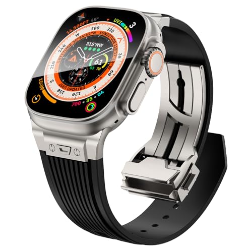 KADES for Apple Watch Ultra 2/ Apple Watch Ultra 49mm Durable Metal Connetor Band for Apple Watch Series 9/8/7/6/5/4/SE/3/2/1 45mm/44mm/42mm, Soft Silicone Sport Band, Titanium/Black