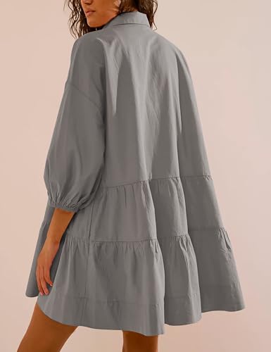 Image of HangNiFang Women's Summer Babydoll Mini Dress Flowy Puff Sleeve Tiered Button Down Oversized Tunic Dress with Pockets