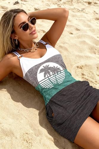Image of Live Simple Coconut Tree Color Block Mini Dress for Women Summer Beach Vacation Tank Dresses Sleeveless Short Dress