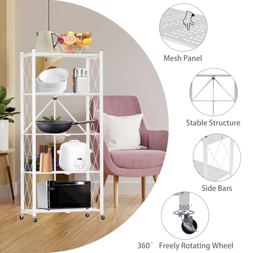Image of 5-Tier Folding Shelf with Wheels No Assembly Portable Shelves | Suitable for kitchen, bedroom, living room, garage,64.6*28*13.4in