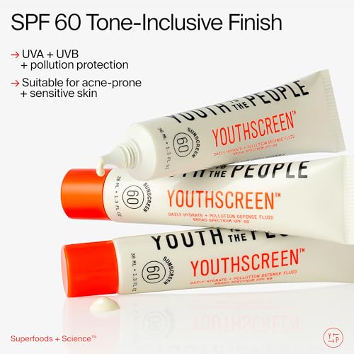 Youth To The People Youthscreen Sunscreen with SPF 60, Daily Hydration + Pollution Defense, Invisible Broad Spectrum Sunscreen, No White Cast, Dewy Finish, Non-comedogenic -1.3 fl oz