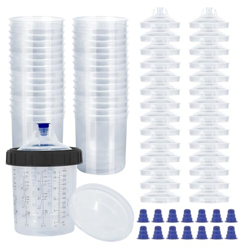 Image of JOYFUL&HOPEFUL Disposable Paint Spray Gun Liners and Lids,20 Ounce (600ml) 30 Pack Kit - 30 Liners, 30 Lids with 125-Micron Strainer, 1 Hard Cup with Retainer Ring, 15 Plugs