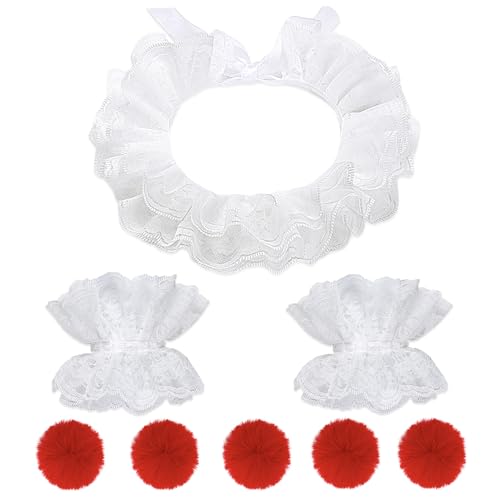 8PCS Clown Costume Accessories Lace Neck Ruffle Collar Wrist Cuff Red Pom Poms Women Halloween Clown Dress up Cosplay White Jester