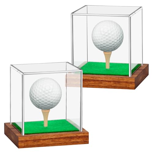 Image of Hooqict 2 Pack Golf Ball Display Case Clear Acrylic Golf Ball Case Display with Wood Base & Tee Ball Holder Stand UV Protected Square Cube Box Golfball Collections