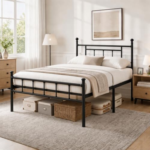 Image of APEXTELLA HOME Bed Frame Double Bed Modern Style with Headboard and Footboard Black Metal Slat Support and 42cm Underbed Storage Space Easy Assembly, No Box Spring Needed, Platform Noise-Free