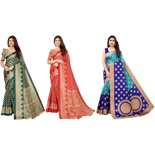 Image of Yashika Women's Sarees Women's Combo Art Silk Printed Saree With Unstitched Blouse Piece |saree for Women | saree combo | New Sari | Saree Pack Of 3