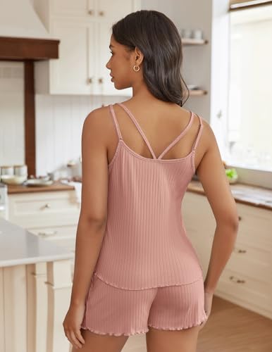 Image of Ekouaer Womens Cami Pajama Sets 2 Piece Ribbed Knit PJs Tank Top and Shorts Set Lingerie Sleepwear