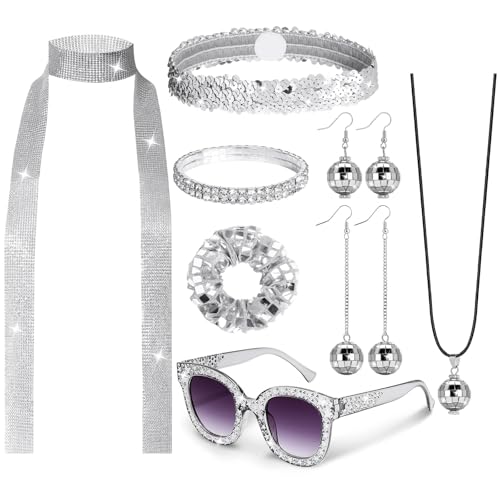 Flasoo 8 Pcs 70s Women Disco Accessories for Party - 70s Disco Accessories For Women Disco Jewelry For Women With Sequin Scarf Diamond Headband Bracelet Glasses Necklace Earrings Scrunchie