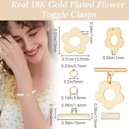 Beebeecraft 1 Box 10 Sets Flower Toggle Clasps 18K Gold Plated Brass Flower Toggle Connector T Bar Clasps Sets with Jump Rings for Spring Theme DIY - Image 2