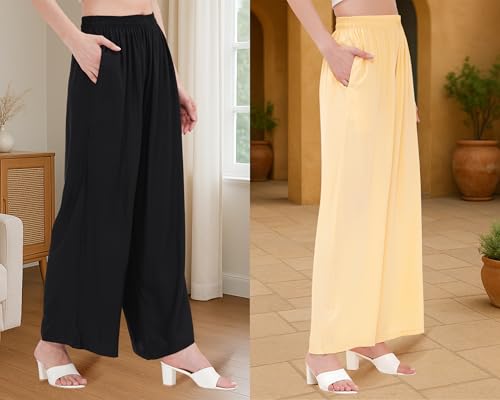 Image of Buy That Trendz Palazzo Pants for Women Cotton Rayon Elasticated Regular Fit Flared Wide Leg M to 6XL Pack of 2