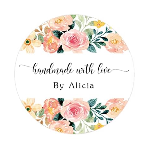 48x PERSONALISED Delicate Flower Handmade with love by Stickers Seals,40mm Round Wedding Favour gift Labels, Baby Shower Party Bags Stickers,Christmas Goodies, Box,Small Business (UK-P510-001) Cover