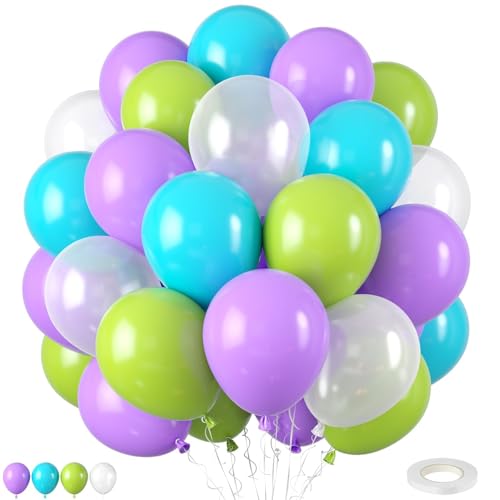Image of Blue Green Purple Balloons 50PCS 12 Inch Fruit Green Teal Blue Pearl White | Purple Balloons with Ribbon for Birthday Baby Shower Theme Party Decorations